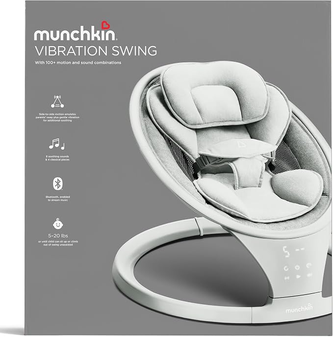 Munchkin Electric Baby Swing with Vibration - Portable Swing for Newborn and Infant, Bluetooth-Enabled Smart Seat with Music, Motion, and Sounds, Light Grey
