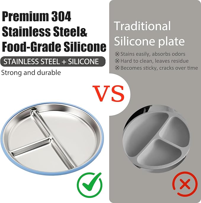 MISSLILI Stainless Steel Baby Plate and Bowls with Suction, Divided Kids Baby Plate and Toddler Bowl with Removable Silicone Suction, Non-Slip Baby Feeding Set Dishwasher Safeï¼? Packs