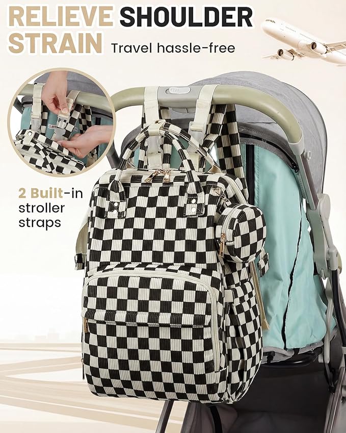 Corduroy Diaper Bag Backpack, Large Capacity Multifunction Baby Diaper Bags for Women, Insulated Bottle Pockets & Pacifier Case, Stylish Travel Nappy Changing Bags for Mom Dad (Checkered Black)