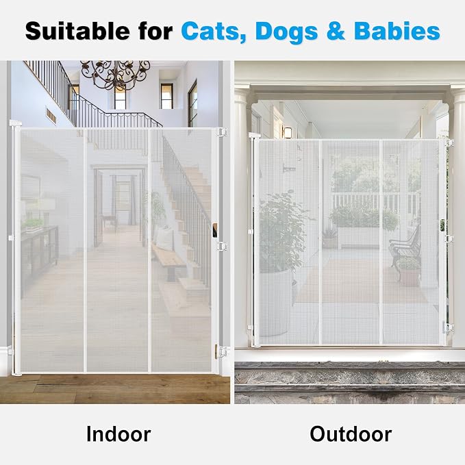 Reinforced 72" Extra Tall Pet Gate for Cat, Dog, Puppy & Baby, Jump-Resistant & Prevent Crawling Underneath Retractable Baby Gates, Fits 0-55" Width Safety Mesh Dog Gate, 6 Foot Extra Tall Cat Gate