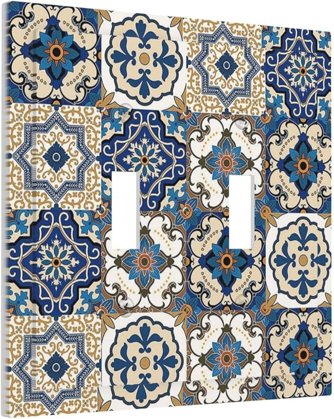 Boho Talavera Decorative Tile Moroccan Mandala Print Decorative Switch Plates 2 Gang Double Toggle Outlet Light Switch Cover Wall Plate Electrical Faceplate for Bathroom Kitchen Decor