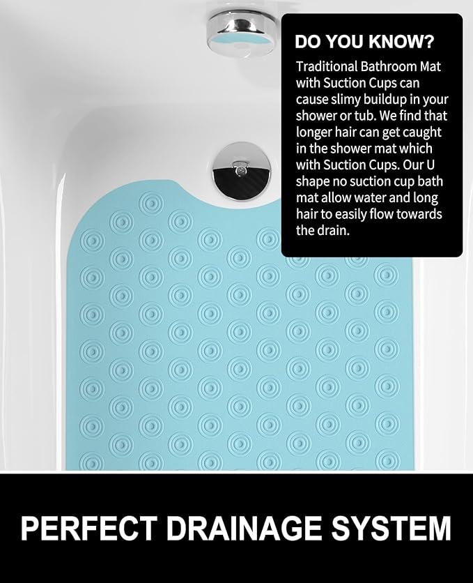 OTHWAY No Suction Cup Bath Mat: 39x16 inch Extra Long Bathmat?‚Perfect for Refinished or Ordinary Bath Tubs?‚Made of Nature Rubber?‚a Blessing for The Elderly and Children (Lake Blue)
