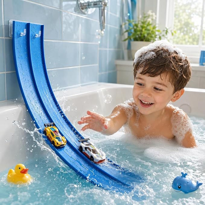 Race Car Bath Toys Set, Flexible Bathub Race Track Toys with 2 Cars for Kids, Hook Mount Fits All Bathtubs and Bag, Pool Water Toys Cars Bath Toys Gifts for Boys Girls