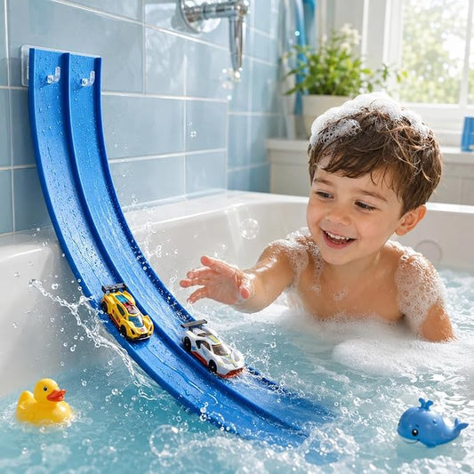 Race Car Bath Toys Set, Flexible Bathub Race Track Toys with 2 Cars for Kids, Hook Mount Fits All Bathtubs and Bag, Pool Water Toys Cars Bath Toys Gifts for Boys Girls