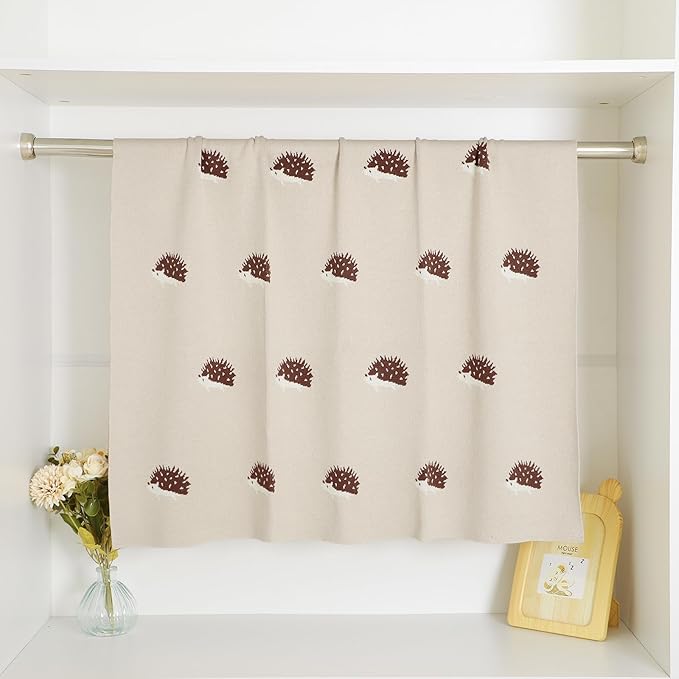 Opewod Baby Blanket 100% Cotton Baby Swaddle Blanket Knit Soft Cozy Lightweight Unisex Receiving Stroller Quilt Blanket with Cute Hedgehog 30x40 Inch Light Camel