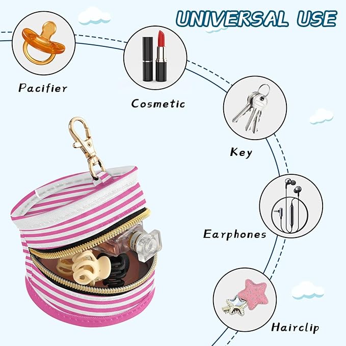 Pacifier Holder with Clip Pacifier Case for Diaper Bag Round Baby Pacifier Pouch Box Bag Portable Hot Pink White Stripes