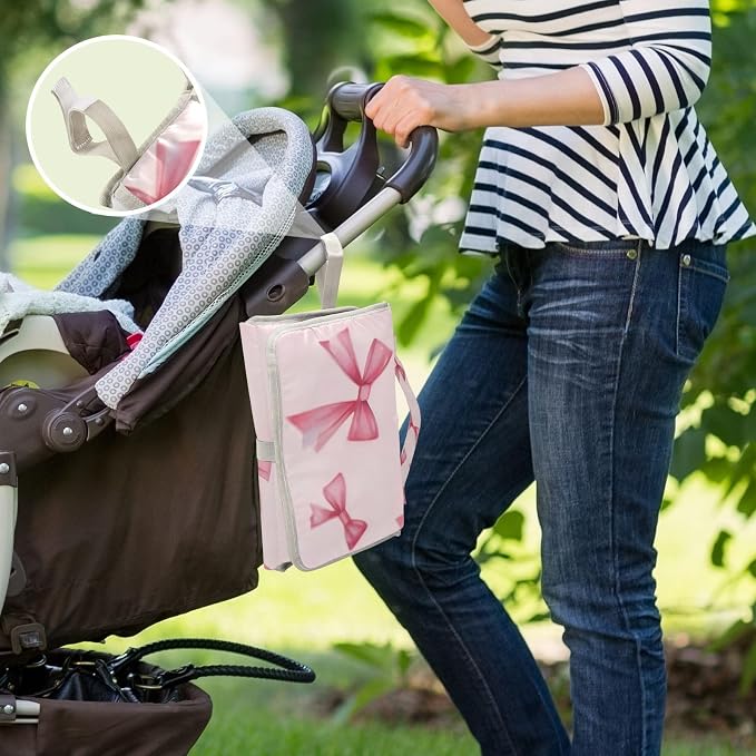 Portable Diaper Changing Pad Foldable Baby Changing Mat with Built-in Pillow Waterproof Changing Pad for Newborn Girls Boys Bow