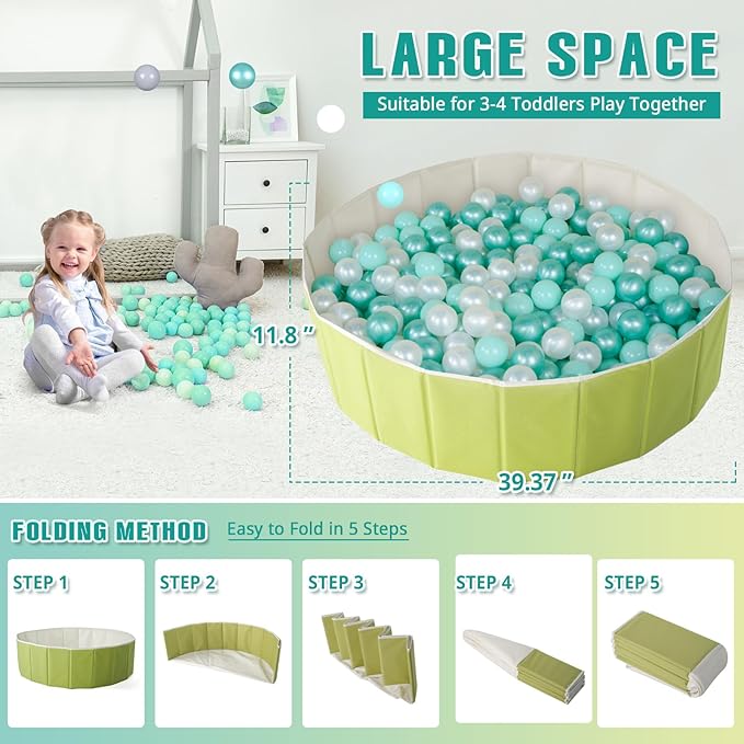 40Inch Kids Ball Pit, Foldable & Portable & Reusable Balls Pool for Toddlers,Playpen/Fence for Baby, Play Pool for Dog, Indoor & Outdoor Use, Oversized(Green Tea)
