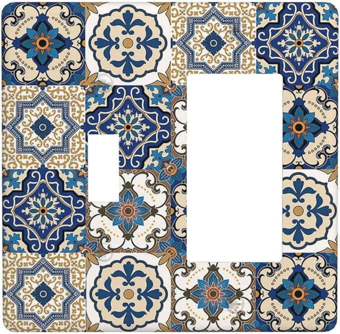 Boho Talavera Decorative Tile Moroccan Mandala Print Outlet Covers 1 Toggle 1 Rocker Combination Decorative Wall Plate Electrical Switch Plates Light Switch Cover Plate for Bathroom Kitchen Decor