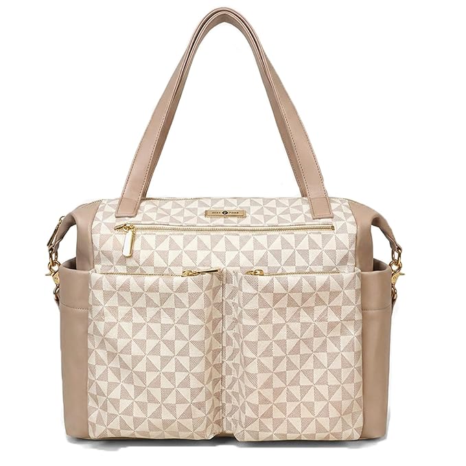 miss fong Checkered Diaper Bag Tote Leather Diaper Bag Backpack Pañaleras Para Bebe with 15 Pockets,Leather Diaper Tote with Diaper Changing Pad, Baby Bag for Moms Mommy Bag for Women -White Checkered