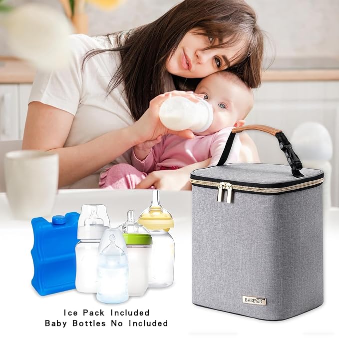 Breast Milk Cooler Bag with Ice Pack Fits 4 Baby Bottles Up to 9 Ounce, Baby Bottle Bag for Nursing Mom Daycare, Grey