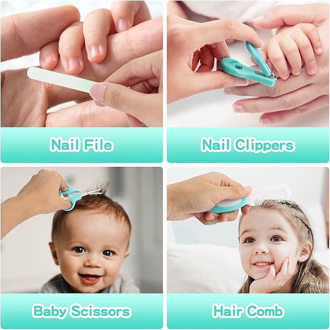 23 in 1 Baby Healthcare and Grooming Kit, Infant Safety Care Set Baby Nursery Kit with Gas Colic Passer Nasal Aspirator Nail Clipper Hair Brush Comb for Newborn Girls Boys (Green))