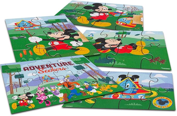 Mickey Mouse Wooden Puzzle 5 Pack - Wood Jigsaw Bundle with Holding Tray, Mickey Stickers and More | Disney Jigsaw Puzzle Toy for Kids Ages 3-5