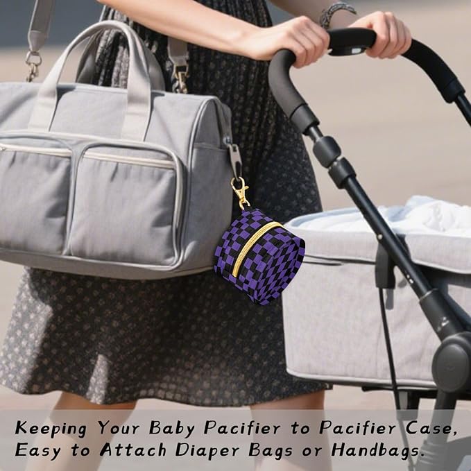 Dark Purple Checkerboard Plaid Pacifier Holder Case Newborn Pacifier Storage Pouch for Boys Girls Easy Attach to Diaper Bag Portable Baby Essentials Container
