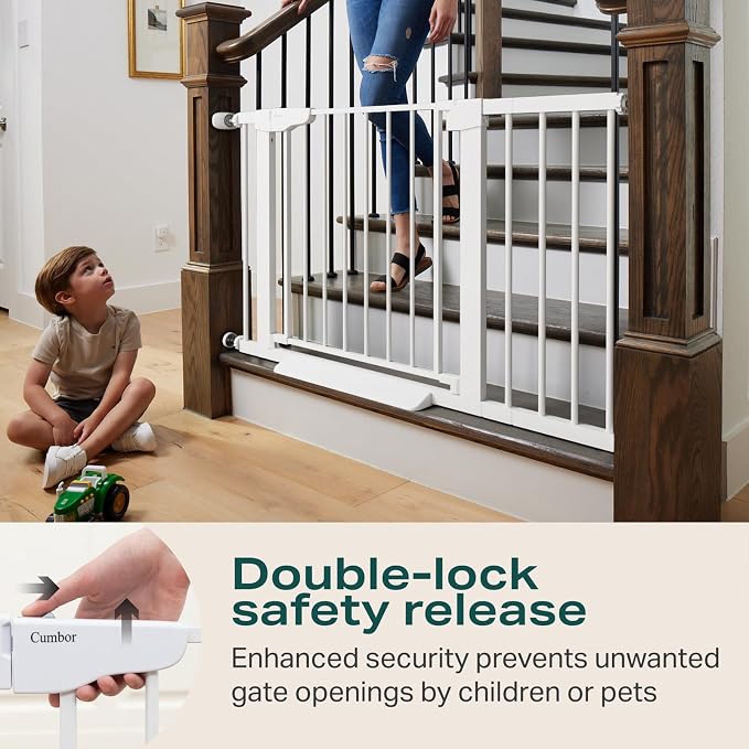 Cumbor 30-46" Baby Gate for Stairs, Toddler Safety Essentials for The House, Auto Close Dog Gate for Doorways, Mom's Choice Awards Winner-Easy Install Pressure Mounted Pet Gates for Dogs, White