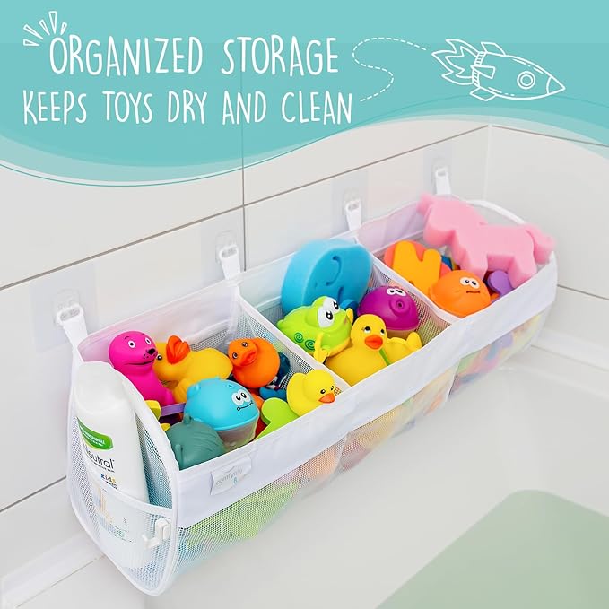 Comfylife Large Bath Toy Organizer ??3 Compartment Bath Toy Holder for Bathtub & Shower ??Quick-Dry Mesh with 4 Strong Adhesive Hooks ??Kids Toys Storage Net for Bathroom, shower & Tub