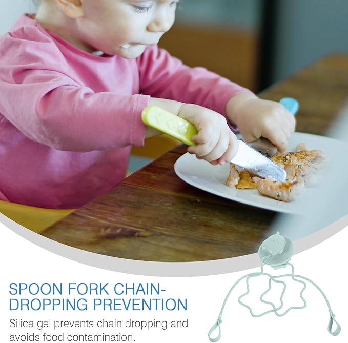 Vaguelly Baby Training Spoon Fork Set with Silicone Anti-Loss Chain and Suction Cup Holder for Highchair Utensils Accessories