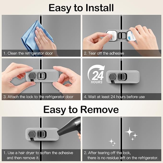Child Proof Refrigerator Lock for Kids, 2 Pack Baby Safety Fridge Locks for Kids, No Tools Need or Drill Freezer Latch to Keep Door Closed for Residential Garage Fridge or Camper RV Refrigerator, Gray