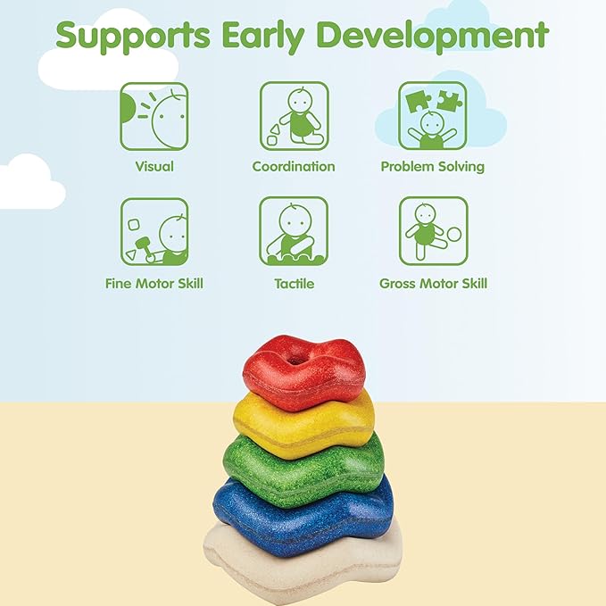 PlanToys® Wooden Wave Stacker | Montessori Stacking Toy for Imaginative Play, Fine Motor Skills and Coordination | Eco Friendly Baby Toy for Sensory and Problem Solving Development