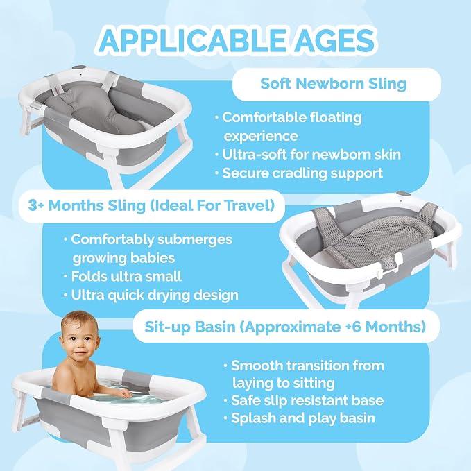 BEBELEH™ Collapsible Baby Bathtub – Bathtub + Baby tub Sling + Newborn Sling – Baby Bathtub Newborn to Toddler 0-24 Months – The Ultimate Travel Baby Bath Tub and Everyday Use! (Gray)