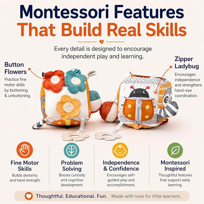 Baby Activity Cube Toy 8-in-1 for Babies 6-12 Months | Montessori Sensory Cube with Mirror, Teether, Crinkle Textures & Fine Motor Activities | Soft Busy Cube Toy for Toddler