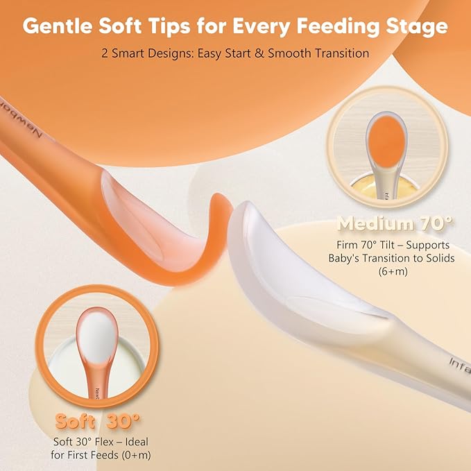 Silicone Baby Spoons 2-Pack with Case, New Born Self Feeding Toddler Spoon, Baby Led Weaning Supplies, Toddler Utensils with Safety Chain, Baby Eating Essentials, Dishwasher Safe