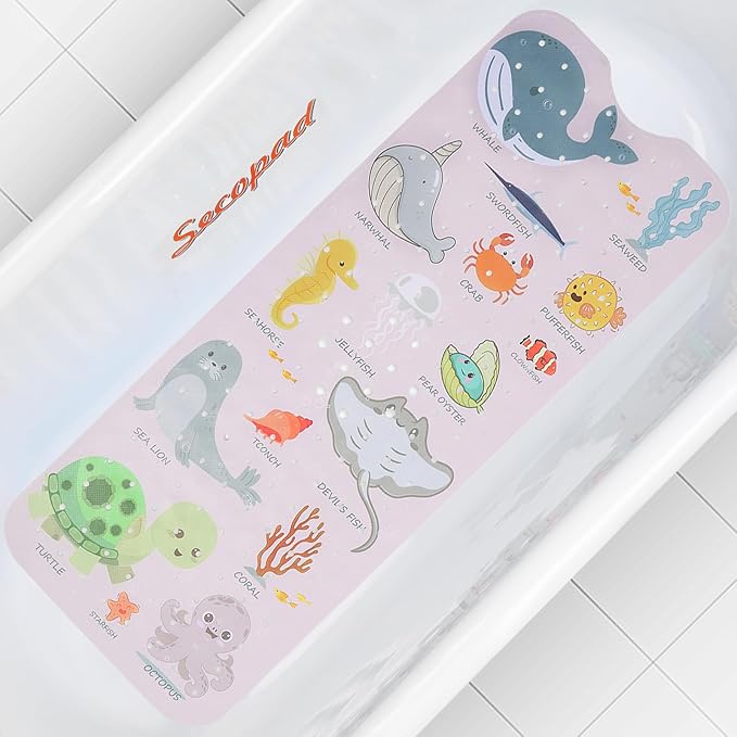 Secopad Bath Mat for Tub Non Slip, Machine Washable Anti-Slip Cartoon Baby Bathtub Shower Mat with Drain Holes and Suction Cups for Toddler & Kids, 40 Inch x 16 Inch, Pink Sea Animals