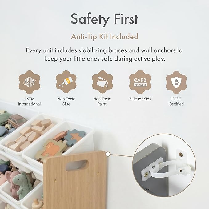 Humble Crew Kids Toy Storage Organizer with 12 Plastic Bins, Natural Wood/White ??Removable Bins for Playroom, Bedroom, Toddler Furniture for Boys and Girls Ages