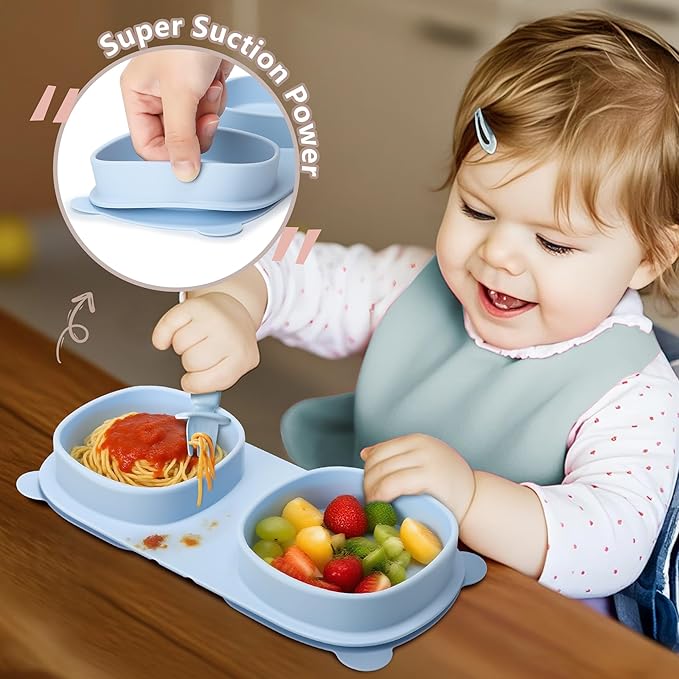 Baby Plates with Suction with Forks and Spoons, Foldable Silicone Toddler Plates, Baby Travel Essential, Microwave & Dishwasher Safe, Baby Blue