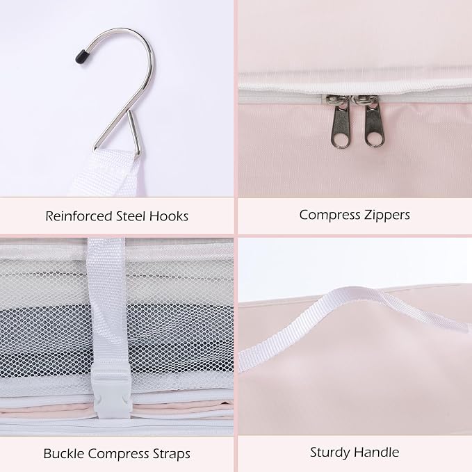 Surblue Hanging Shelves Travel Storage Bag Compression Packing Cube for Suitcase Collapsible with Extension Layer Large Capacity, Pink,XL