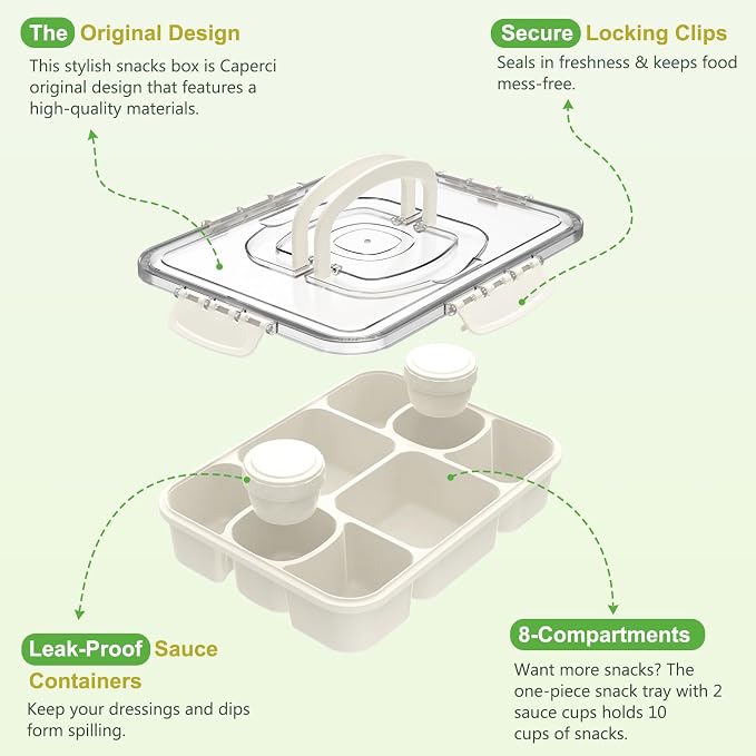 Caperci 2 Pack Snackle Box Container with 2 Sauce Cups - Large 8-Compartment Divided Serving Tray with Lid & Handle, Portable Snack Tray for Travel, Leak-Proof, Dishwasher Safe, BPA-Free (Set of 2)