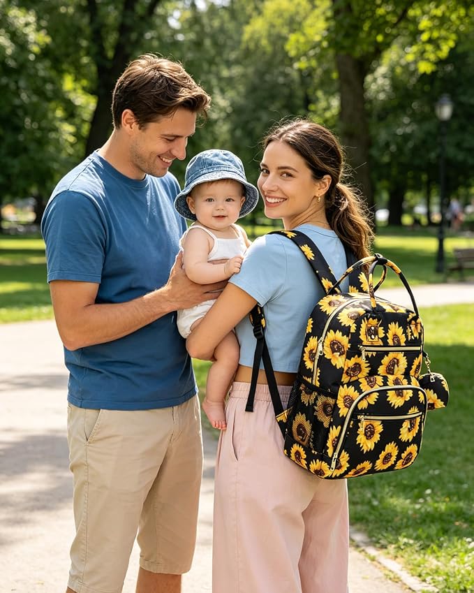 Pritent Diaper Bag Backpack,Baby Essentials Diapers Bag with Pacifier Case,Multipurpose Stylish Large Capacity Travel Backpack for Baby Girl/Boy(M-Sunflower)