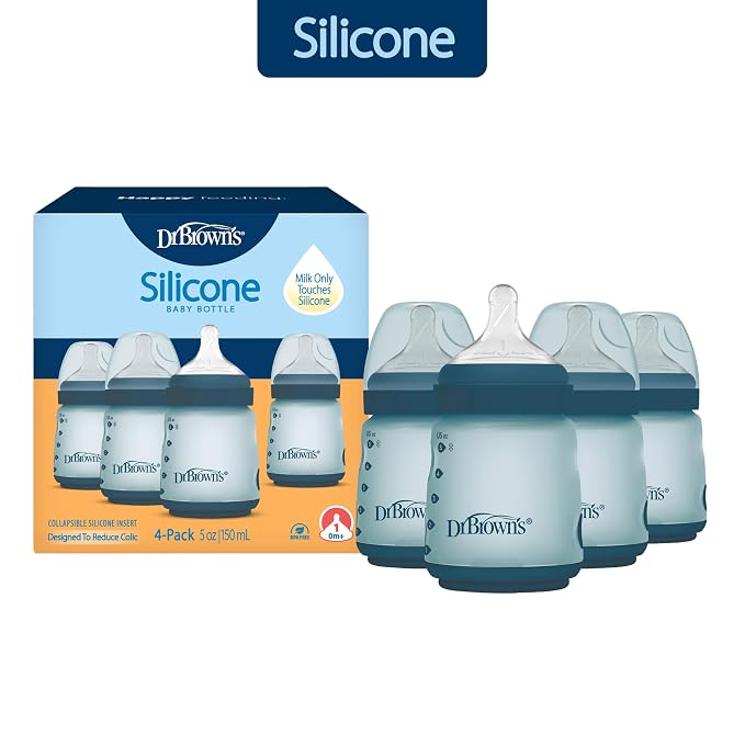 Dr. Brown's Silicone Baby Bottle with Collapsible Insert Designed to Reduce Colic, 5 oz with Wide-Neck Level 1 Slow Flow Nipple, BPA-Free, 0m+, Blue, 4-Pack