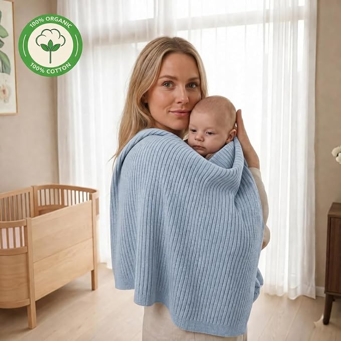 100% Organic Cotton Knit Receiving Baby Boy Blanket for Newborns - Soft, Breathable Swaddle Blanket for Crib & Stroller - Nursery Gift 2-Pack (Ribbed Ivory & Baby Blue)