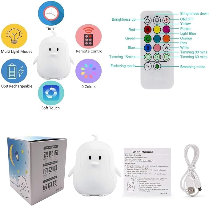 Big Size Night Light, Portable Silicone Bedside Lamp, Multicolor Light with Remote Control, USB Rechargeable led Light for Kids/Baby Bedroom/Adults/Children/Gift - Large Penguin