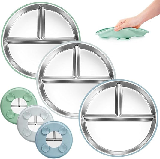 Bella's Friends Life Stainless Steel Toddler Plates Silicone Suction, Non-Slip Baby Plates, Divided Portion, Food-Grade Silicone Plate for Kids, LEAD-FREE Dishwasher Safe