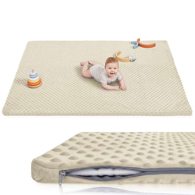 Baby Floor Play Mat for Playpen, Extra Thick 65x50 Inches Padded Mat with Ultra Soft 3D Minky Dot & Removable Washable Cover, Non-Slip & Safe for Crawling,Tummy Time,Infant/Toddler (Beige)