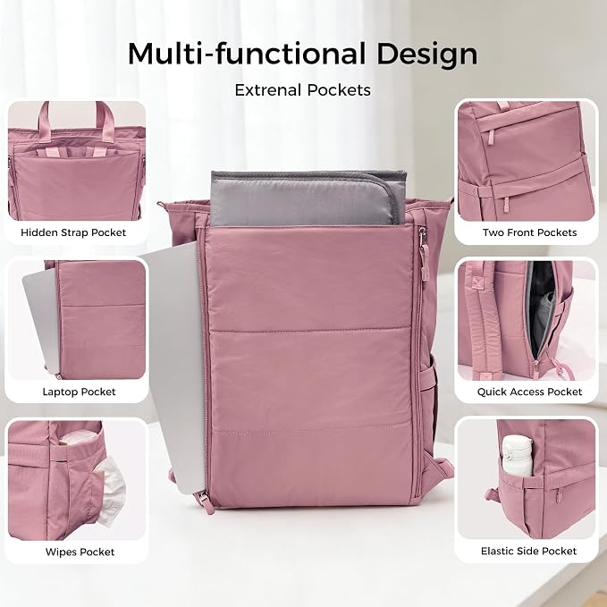 Diaper Bag Backpack, Large Baby Diaper Bag with Changing Pad, Baby Bag for Mom with Quick-access Insulated Pockets, Lightweight Multipurpose Travel Backpack (Dark Pink)