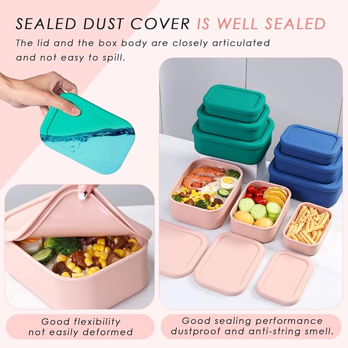 Silicone Food Storage Containers with Lids, Set of 3 Hard-Shell Bento Lunch Boxes, Airtight & Leakproof, Reusable Meal Prep Containers for Kitchen, Work, School, Travel (10oz, 23.6oz, 44oz)