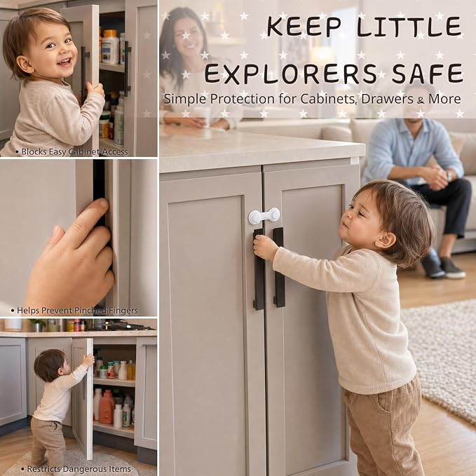 Cabinet Door Locks Baby Proof, 4 Pack Child Safety Latches with Adhesive for Cabinets Drawers Cupboards Fridge Closet Pantry, Premium ABS Material, White