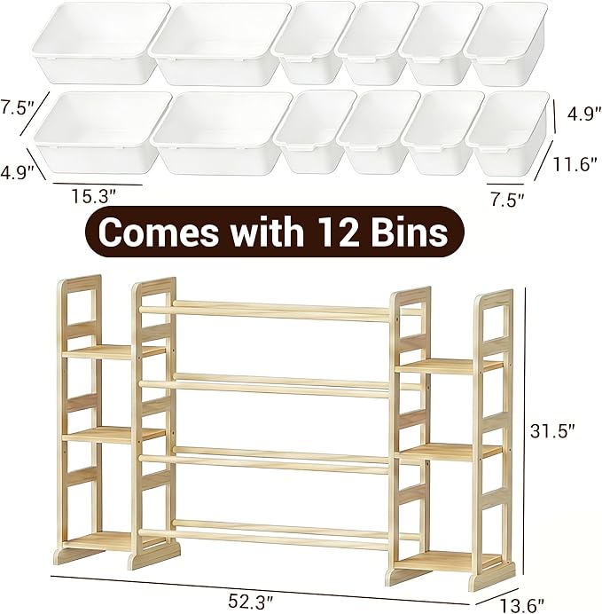Kiddocood Kids Toy Storage Organizer with 12 Bins, 100% Solid Wood - Natural Finish Montessori Toy Organizer, BPA Free, CPC-Certified Playroom Organization for Living Room & Nursery, 52.3"