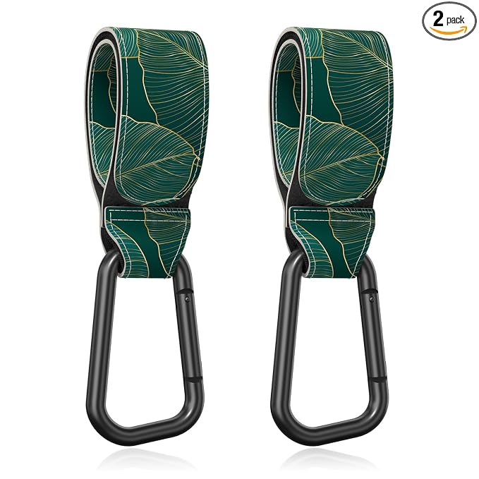 Baby Stroller Hooks for Hanging Bags, Universal Stroller Clips Accessories, Mommy Hook for Diaper Bag, Shopping Cart, Purse, Backpack - 2 Pack, Green Leaf