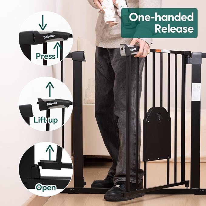 Babelio Auto Close Baby Gate with Cat Door,29-43" Metal Gate for Doorway,Stairs, House,Easy Walk Thru with Pet Door,Includes 4 Wall Cups and 3 Extension Pieces,Black