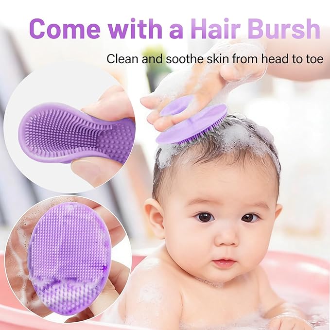 mandoo Baby Bath Rinse Cup - Food Grade Silicone - Shampoo & Body Washing Rinser Cup for Kids with Easy Grip Handle to Rinse Baby Shower - Baby Essentials (Mint+Brush)