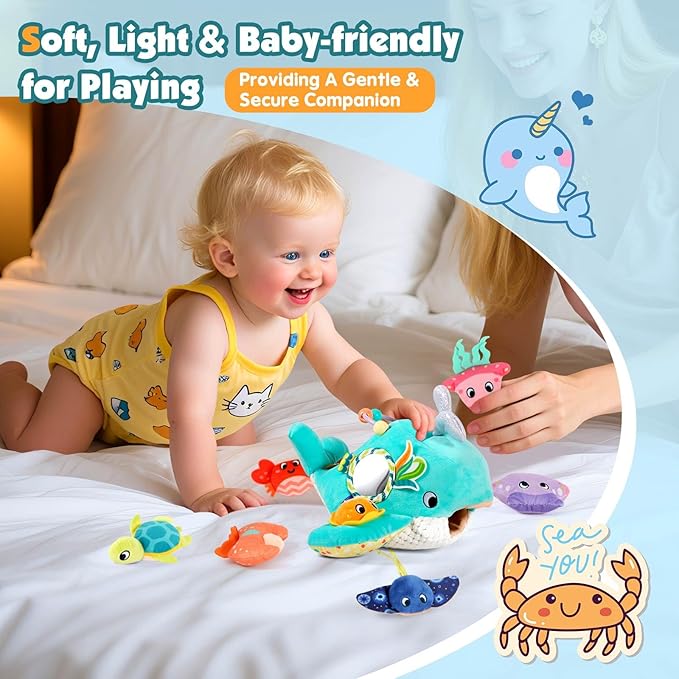 FREYBLI Baby Toys 6-12 Months - Soft Ocean Adventure Toy with Rattle, Crinkle Paper, Squeaker, Mirror - 6 Month Old Baby Toys Gifts, Baby Sensory Montessori Toys for 6 Month Old Boy Girl