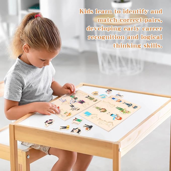 2 Set Wooden Puzzle for Toddlers Community Helpers Cognition Peg Puzzle Wood Blocks Multicultural Occupational Career Character Interchangeable Educational Toys Preschool Learning for Kids Children