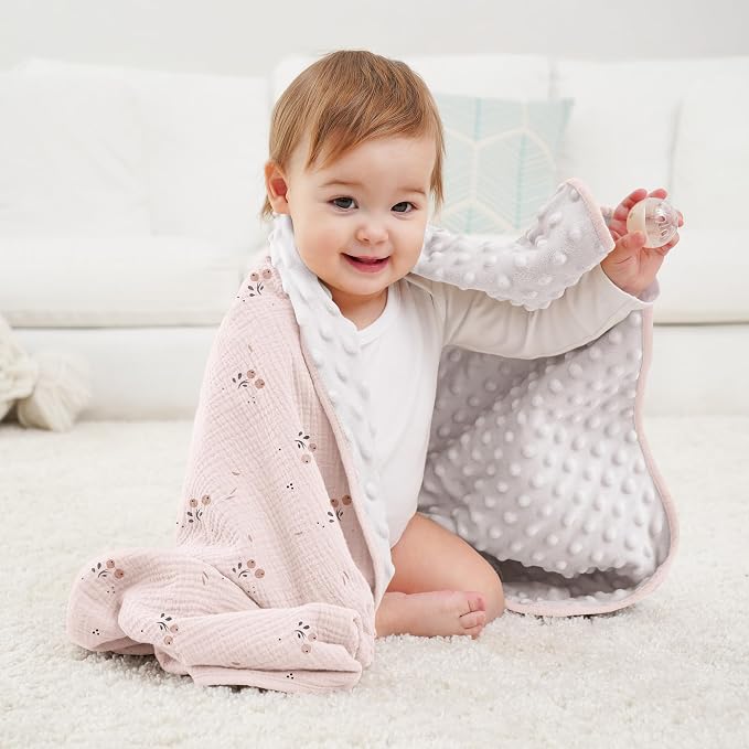 Susurration Baby Blanket for Unisex Boys Girls, Soft Nursery Minky Blanket with Muslin Cotton Front and Dotted Fleece Back, Receiving Blanket for Baby Newborn Infant, 30x40inch