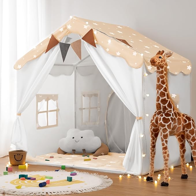 besrey Kids Play Tent 2 in 1 with Padded Mat and Lights, Large Kids Playhouse with 2 Doors & 4 Windows, Indoor & Outdoor, Christmas Toddler Tent, 51" x35" x 51" (White with Star)