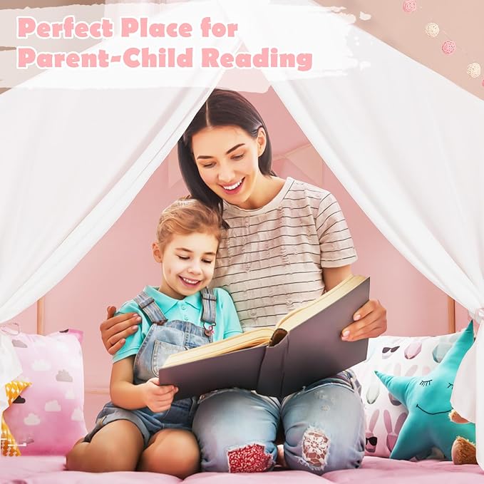 HONEY JOY Kids Play Tent, Toddler Tent Indoor Playhouses with Mat, Windows, Curtain, Solid Wood Frame, 52" x36" x 52", Large Children Princess Castle Play Tent for Boys Girls (Pink)