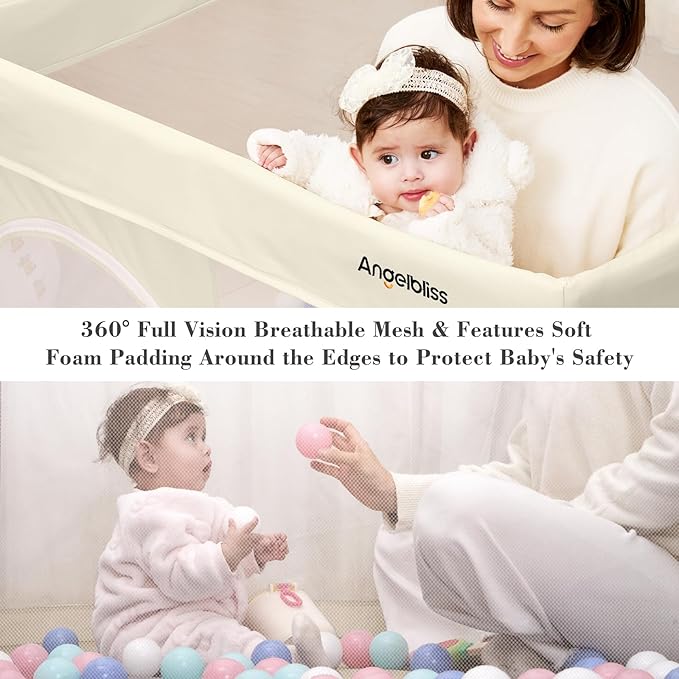 Foldable Baby Playpen 50"×50", Out-of-the-Box Ready Playpen for Babies and Toddlers, Portable Play Yard with Breathable Mesh & ASTM F406 Certified (Beige)